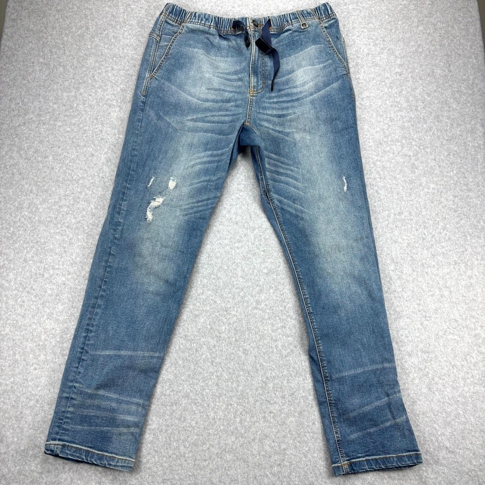 Hyper Denim Jeans Mens 2XL Blue Stretch Distressed Whiskering Drawstring Waist